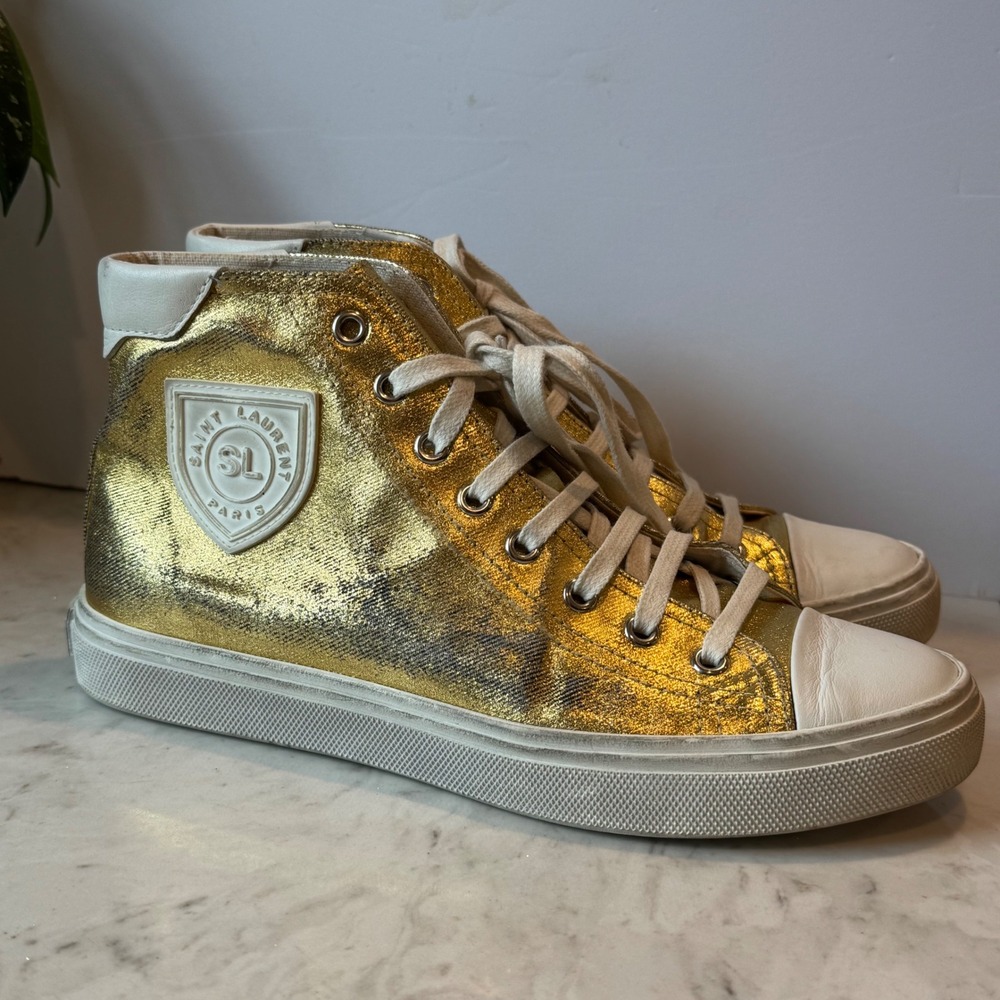 Distressed Calfskin Bedford Logo-Appliqued Hightop Sneakers 6.5 Gold Cream White - Picture 2 of 14
